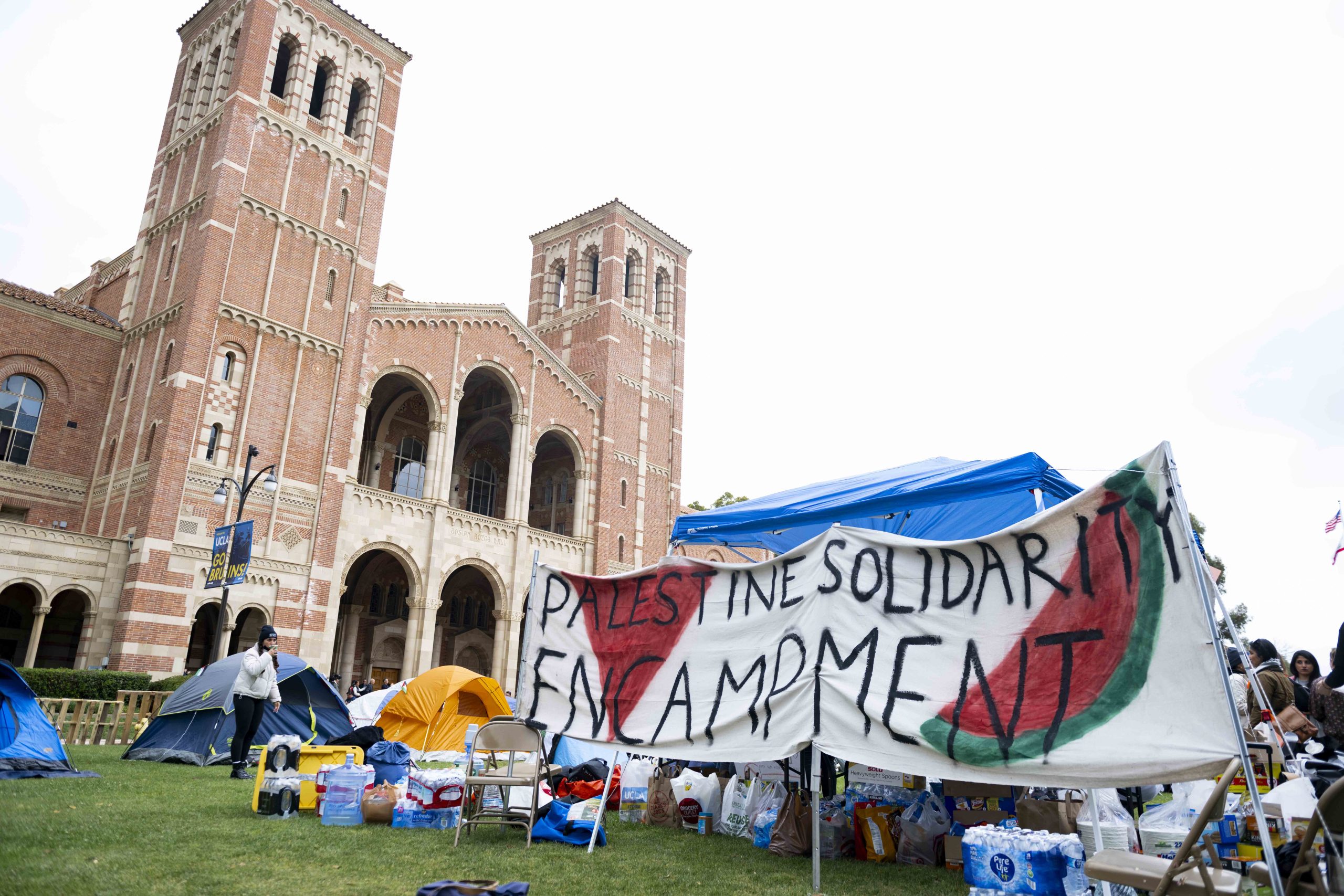 The first Palestine solidarity encampment at UCLA is pictured in April 2024