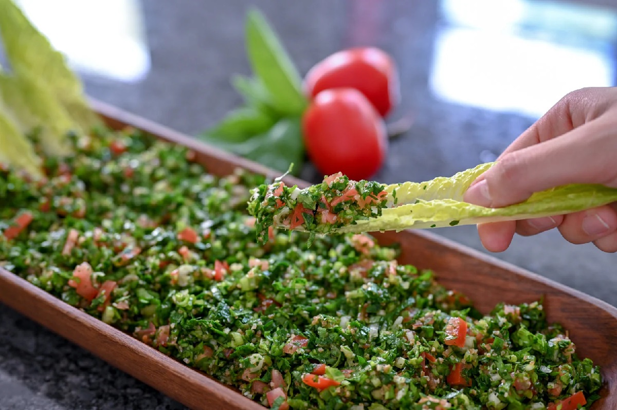 A refreshing herb salad from Lebanon made with parsley, bulgur, tomatoes, mint, and lemon juice.