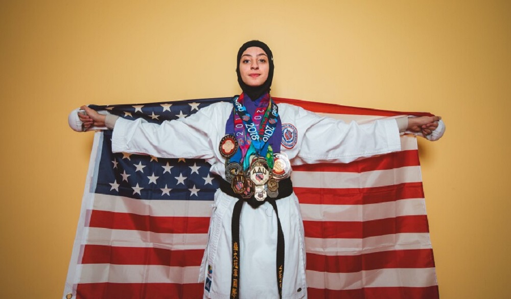 Aprar Hassan, 23, is a Muslim-American karate athlete holding a Sandan (third-degree black belt).