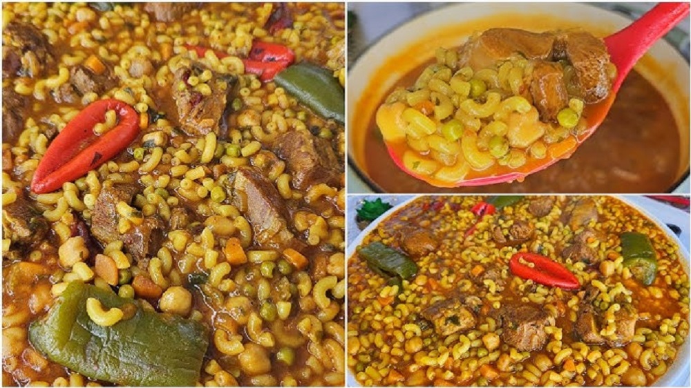 The dish typically begins with olive oil, onions, garlic, tomato paste, and harissa, forming a spicy base that defines its character.