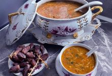 Moroccan Harira is a traditional halal soup made with tomatoes, lentils, chickpeas, herbs, and warming spices.